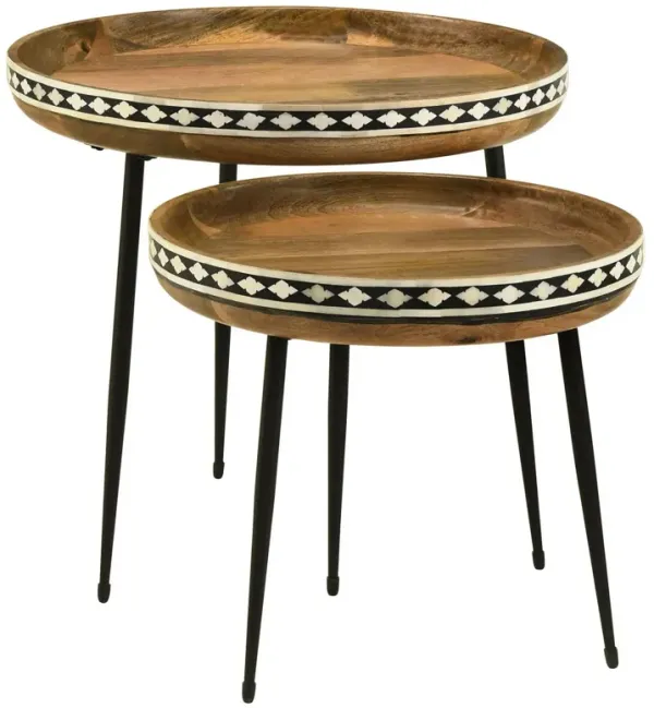 2 Piece Nesting Tables with Inlaid Bone Detail Design, Mango Wood, Brown - Benzara