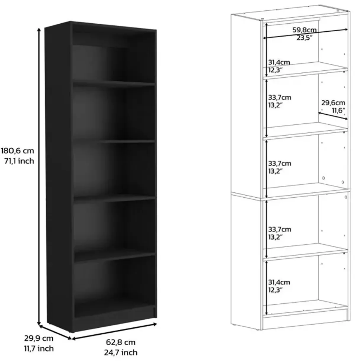 Vinton 4-Tier Bookcase with Modern Storage for Books and Decor, Black