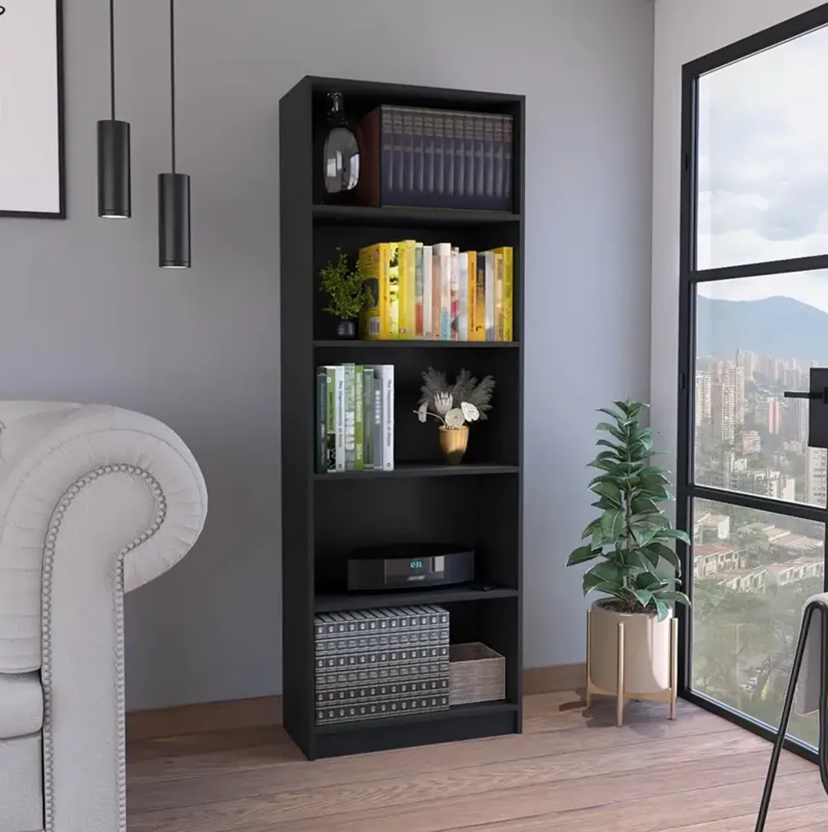 Vinton 4-Tier Bookcase with Modern Storage for Books and Decor, Black