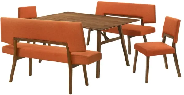 Yumi 5 Piece Dining Table Set, Chairs, Benches, Orange Fabric, Wood Brown - Benzara
