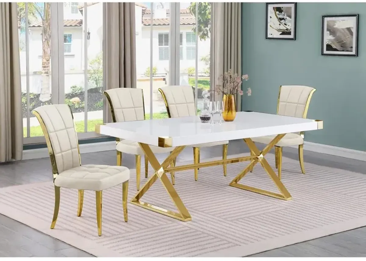 Best Quality Furniture 5pc Small(78) white wood top dining set with gold base and 4 Cream side chairs