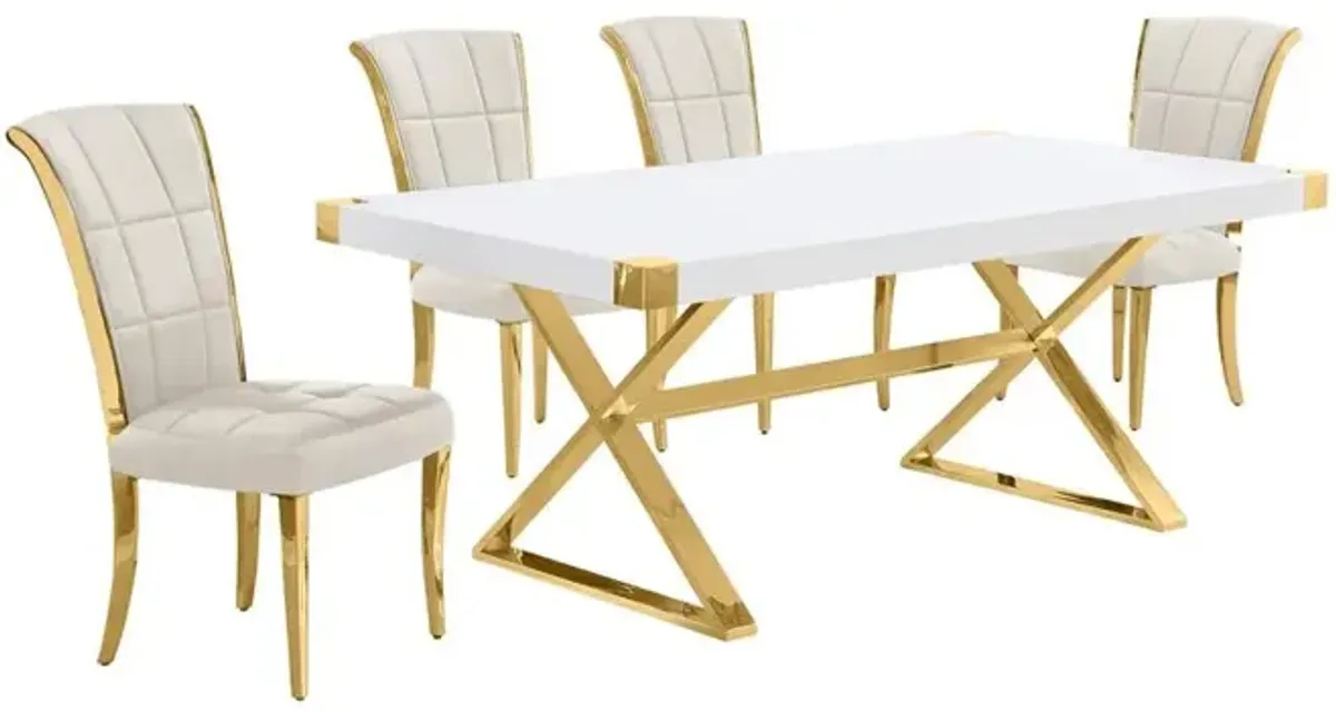 Best Quality Furniture 5pc Small(78) white wood top dining set with gold base and 4 Cream side chairs