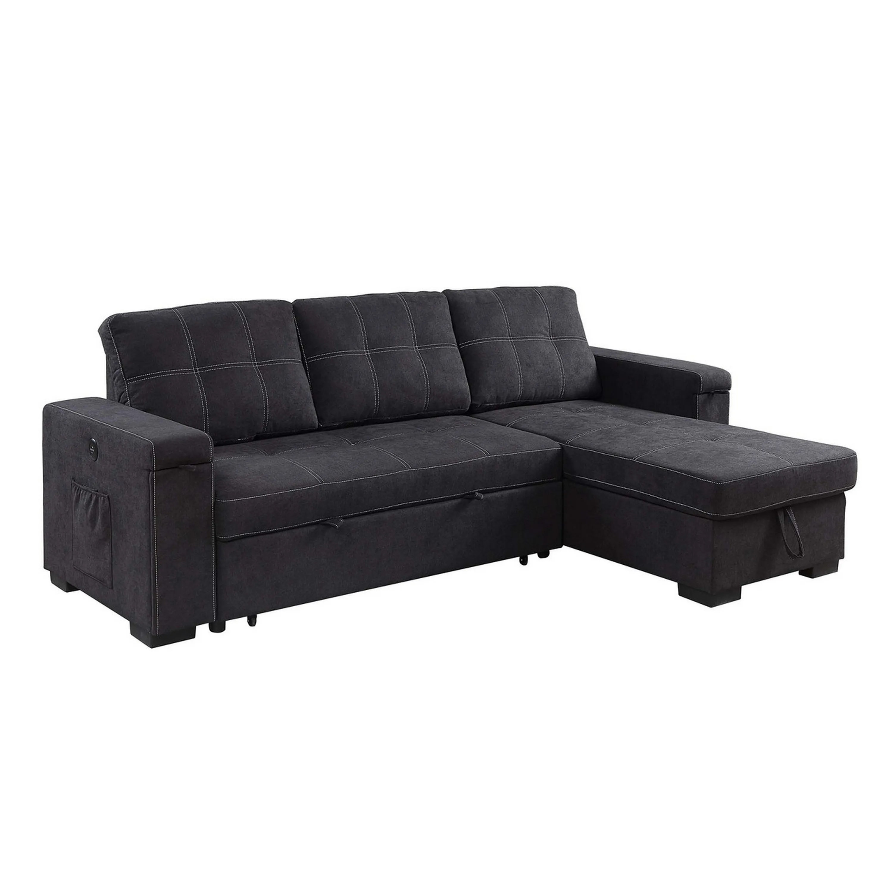 Oby 95 Inch Reversible Sleeper Sectional Sofa, Storage Chaise, USB, Black - Benzara