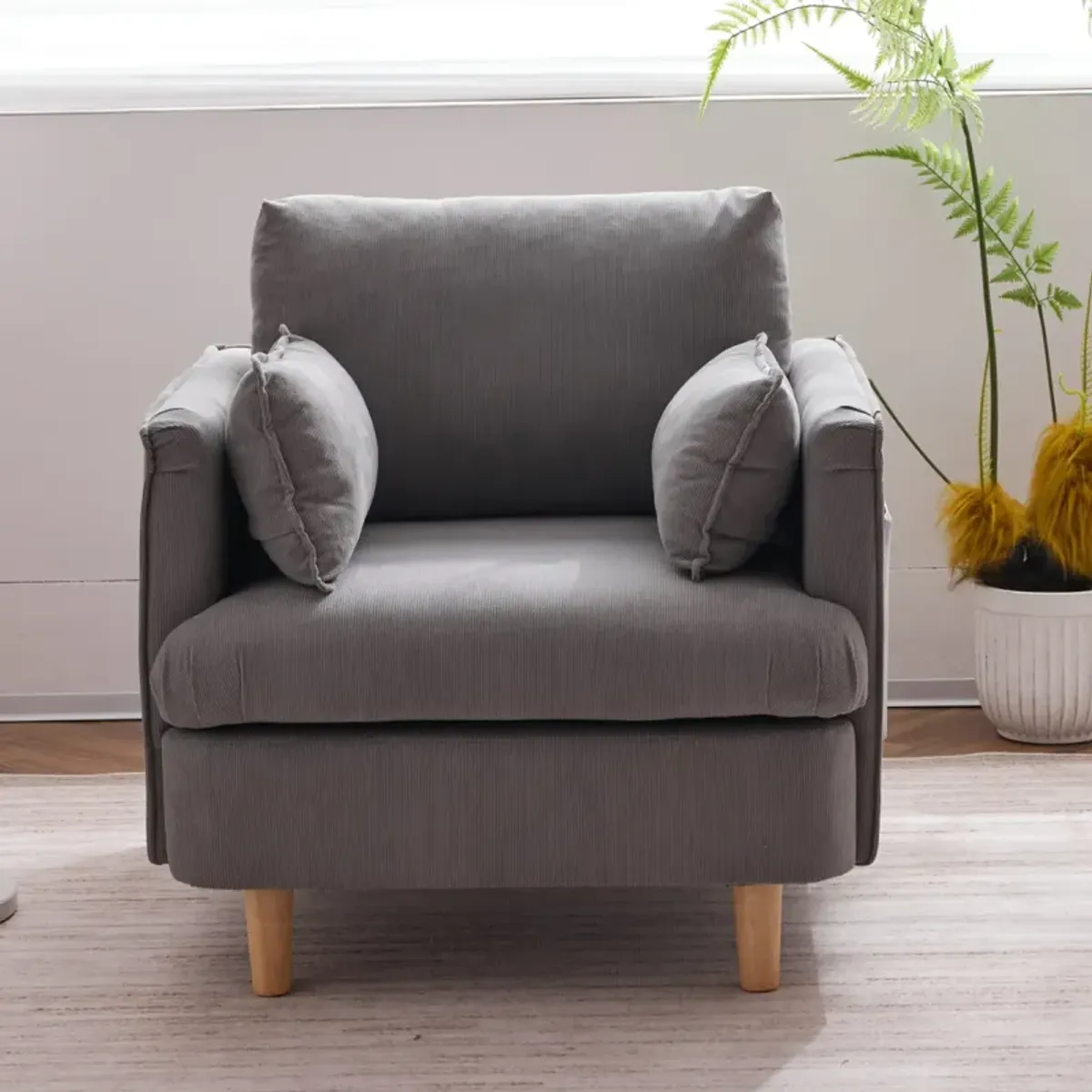 Modern Fabric Armchair with Wooden Feet & 2 Pillows