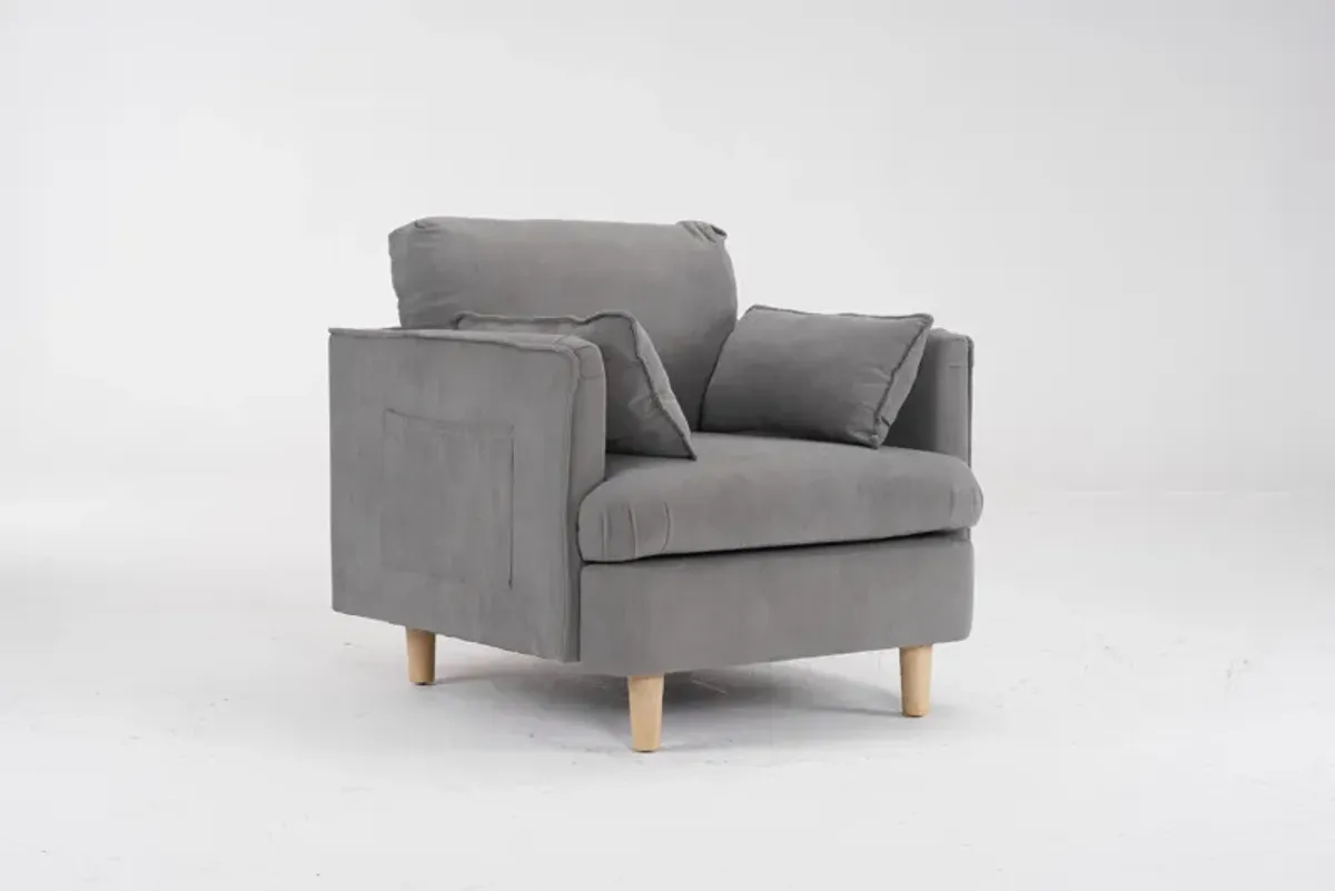 Modern Fabric Armchair with Wooden Feet & 2 Pillows