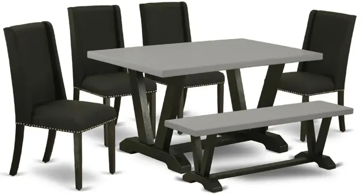 East West Furniture 6-Pc Dinette Table Set-Black Linen Fabric Seat and Button Tufted Chair Back Upholstered Dining chairs, A Rectangular Bench and Rectangular Top Wood Kitchen Table with Wood Legs - C