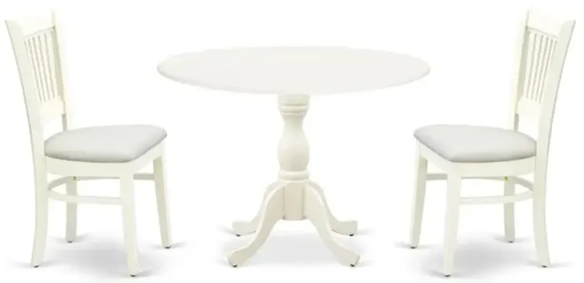 East West Furniture - DMVA3-LWH-C - 3-Piece Modern Dining Table Set- 2 Mid Century Dining Chairs with Linen Fabric Seat and Slatted Chair Back - Drop Leave Dining Table - Linen White Finish