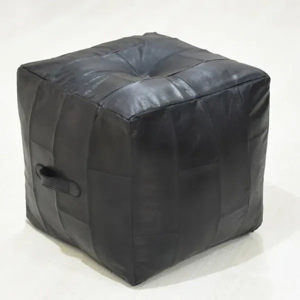 Geometric Handmade Leather Square Pouf 18"x18"x18" (Recycled Foam with Fibre Fill) Black Color MABBBACPF25 BBH Homes