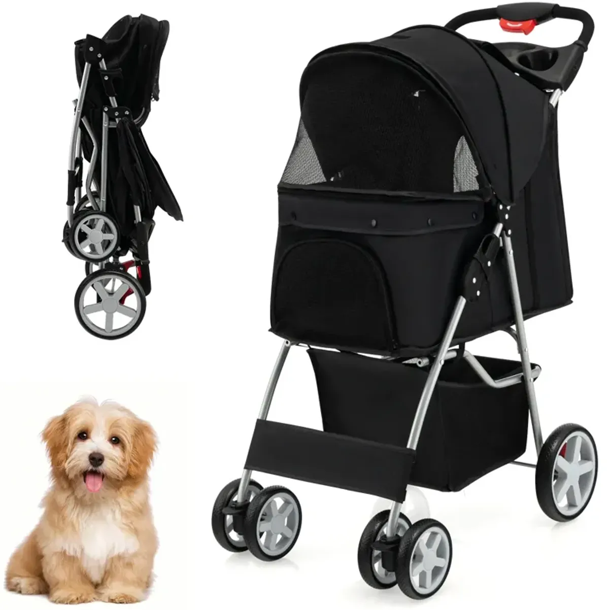 Folding Pet Stroller with Storage Basket and Adjustable Canopy-Gray