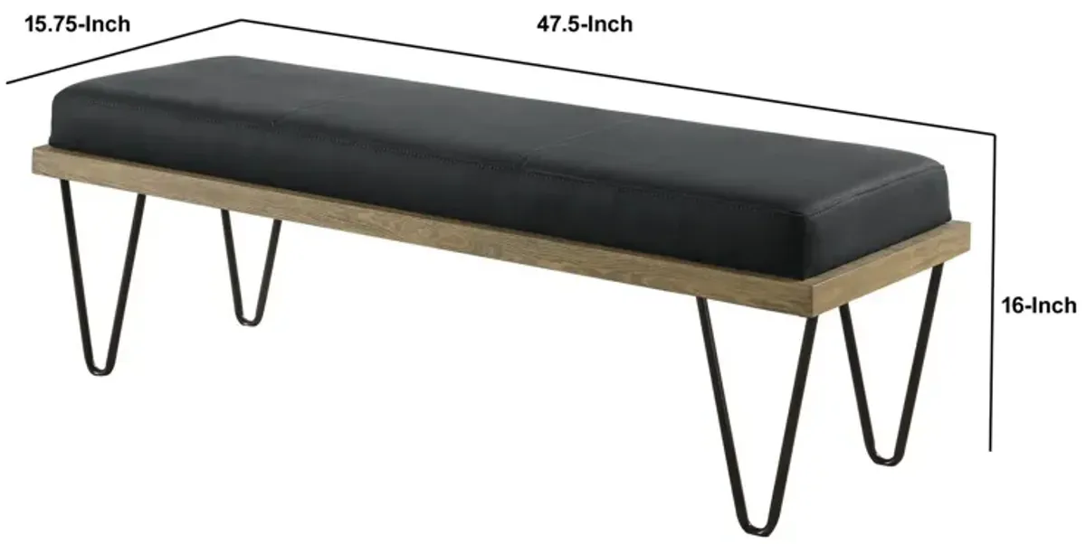 Leatherette Padded Bench with Hairpin Legs, Gray-Benzara