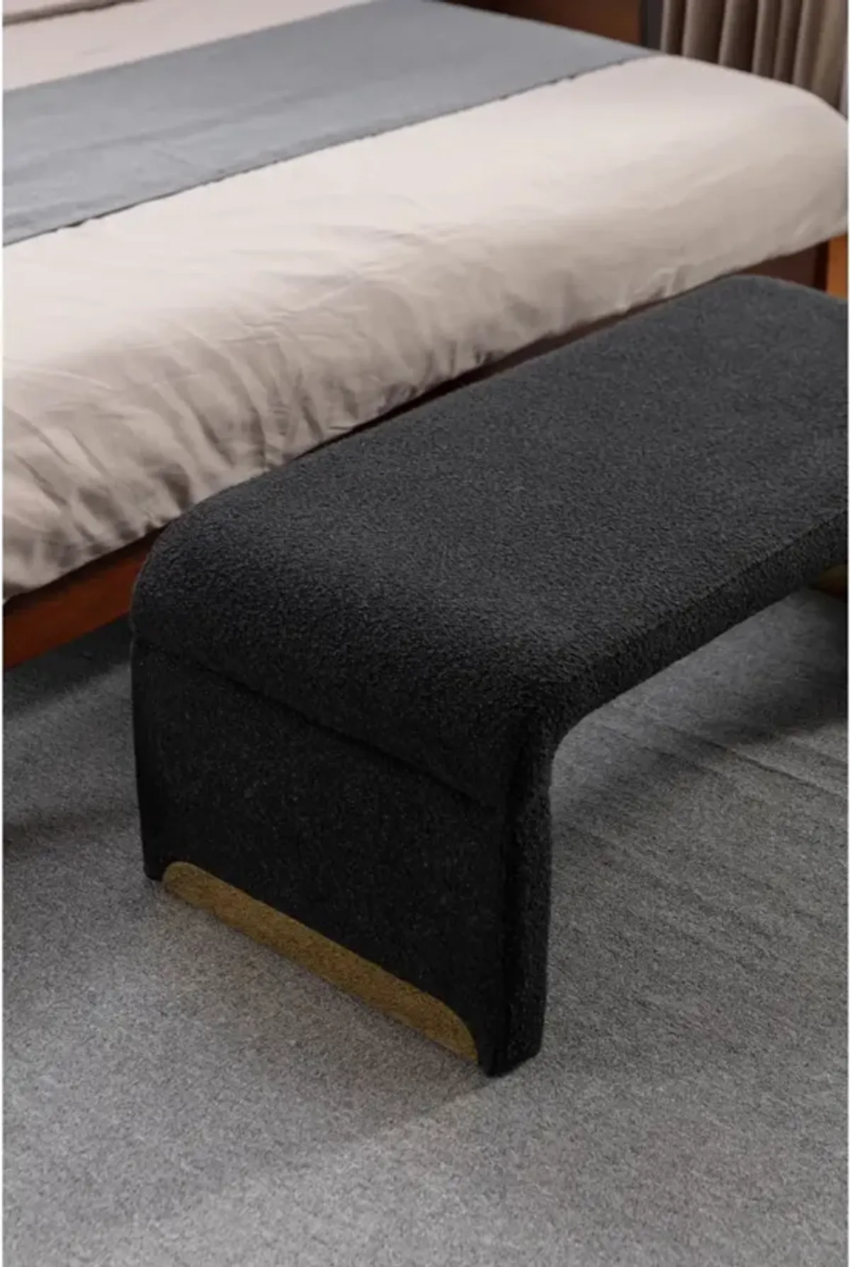 New Boucle Fabric Loveseat Ottoman Footstool Bedroom Bench Shoe Bench With Gold Metal Legs, Black