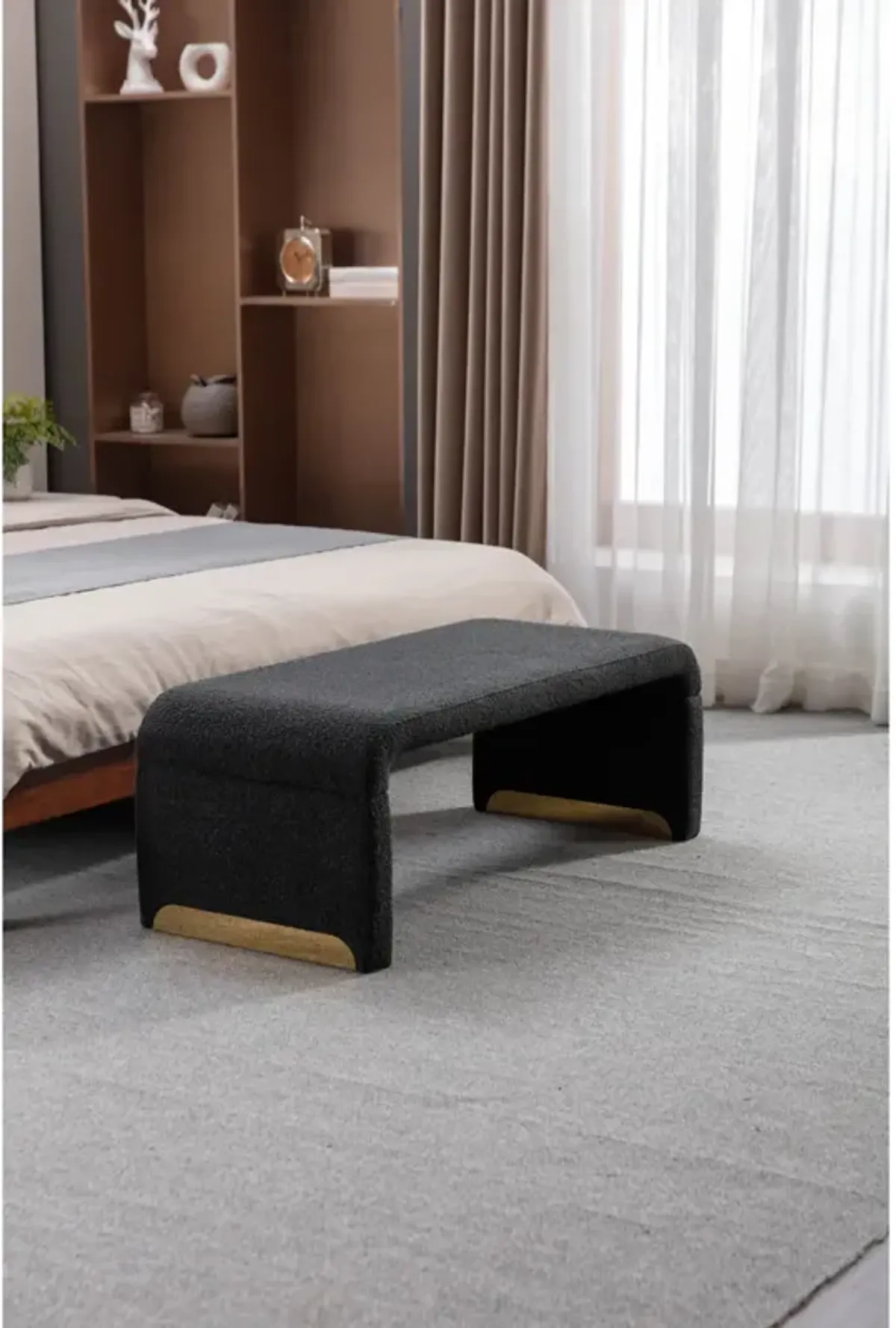 New Boucle Fabric Loveseat Ottoman Footstool Bedroom Bench Shoe Bench With Gold Metal Legs, Black