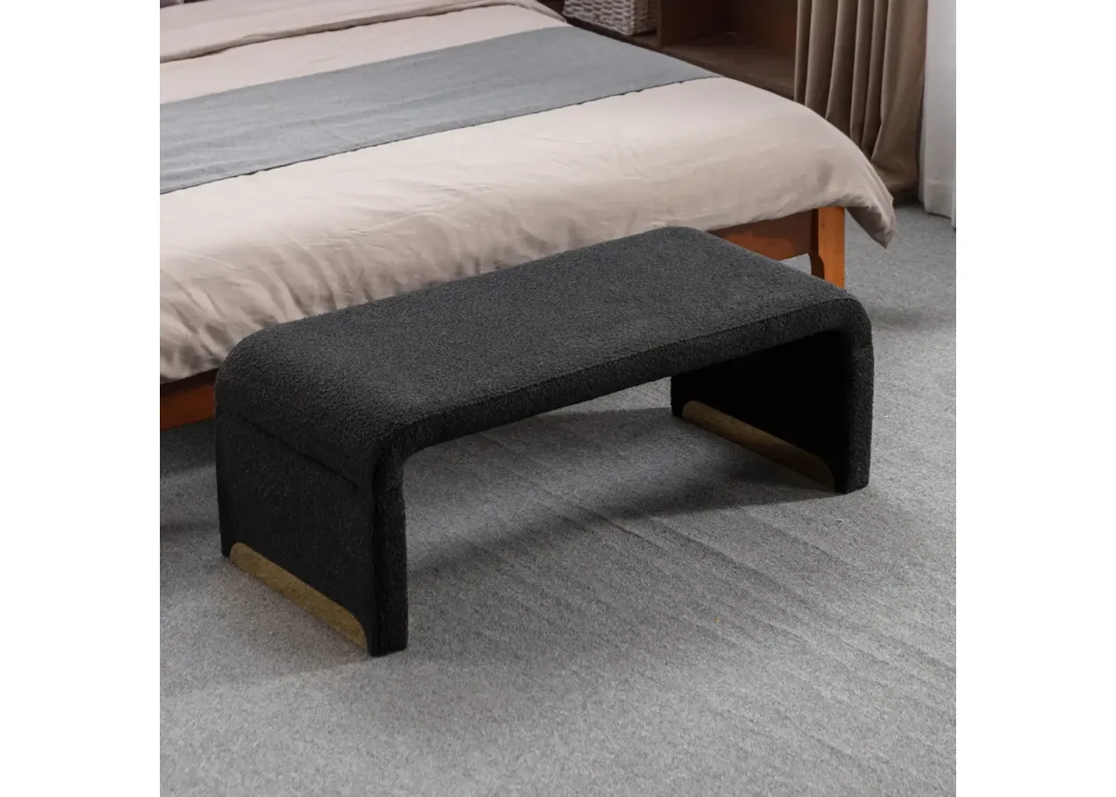 New Boucle Fabric Loveseat Ottoman Footstool Bedroom Bench Shoe Bench With Gold Metal Legs, Black