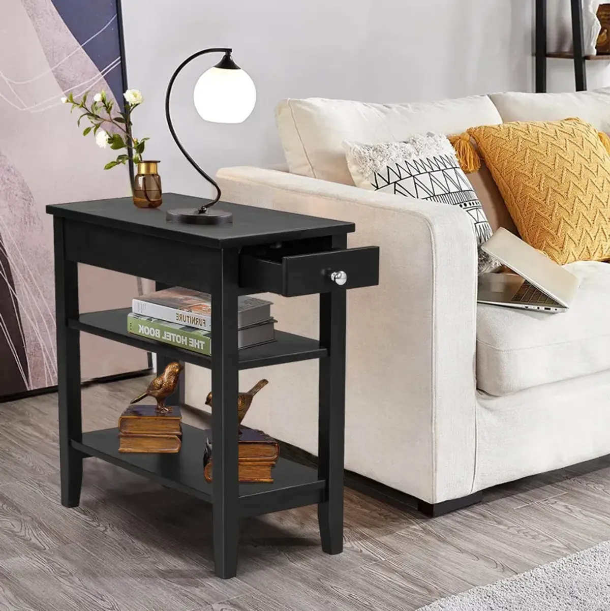 End Table with Drawer and 2-Tier Open Storage Shelves for Space Saving