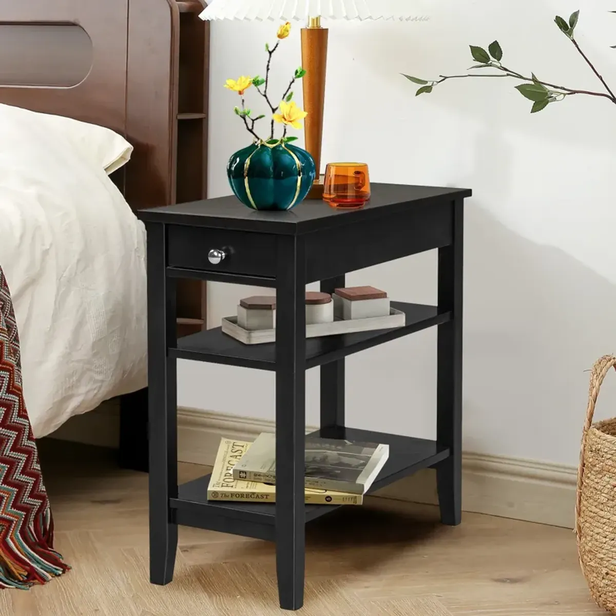 End Table with Drawer and 2-Tier Open Storage Shelves for Space Saving