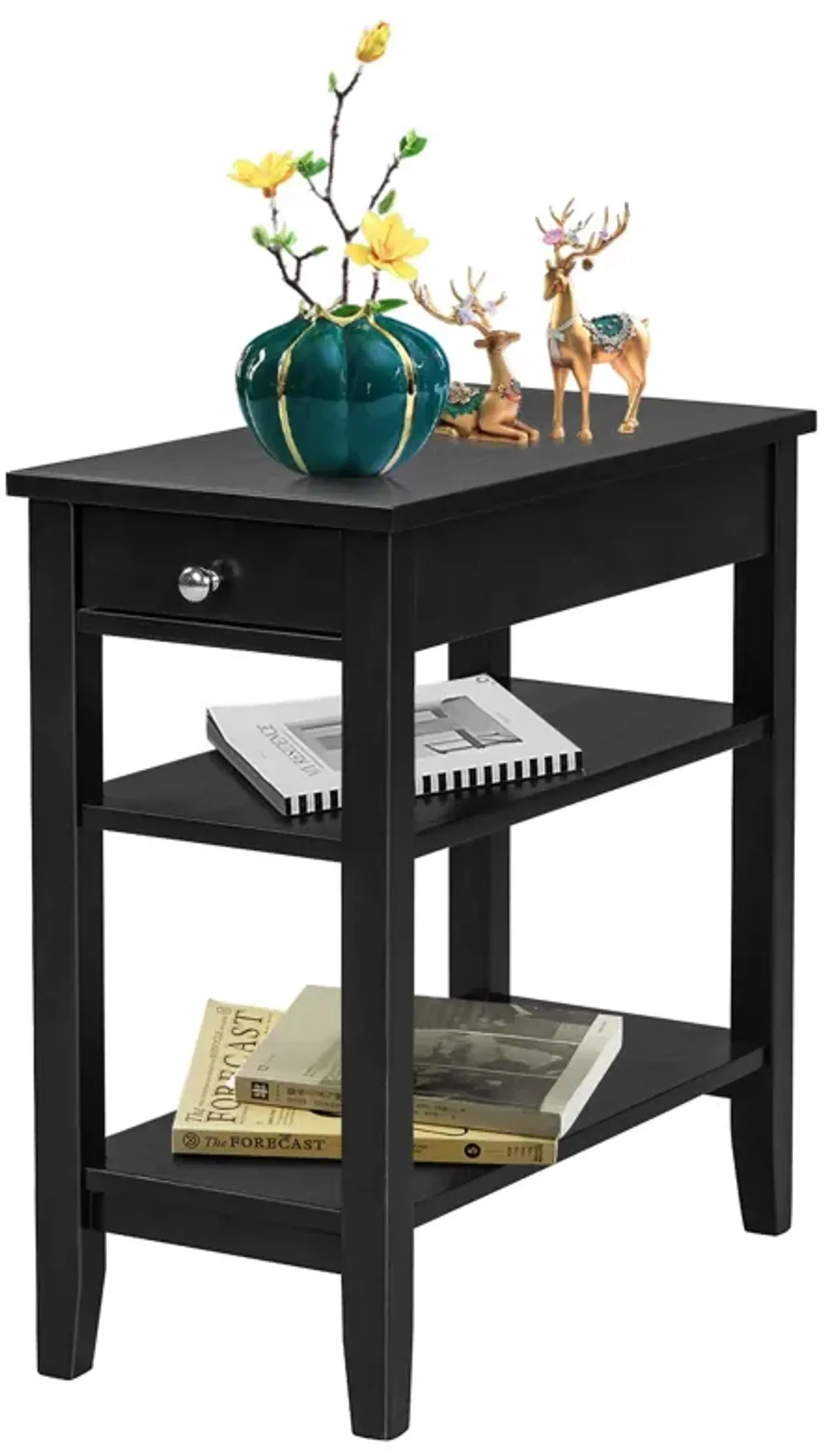 End Table with Drawer and 2-Tier Open Storage Shelves for Space Saving