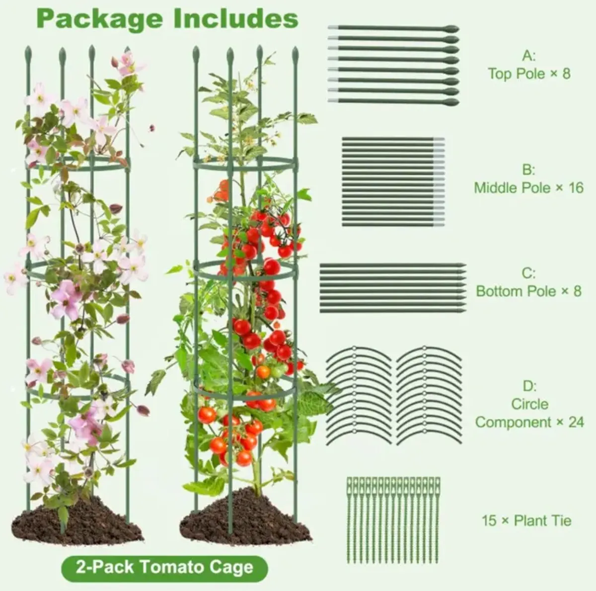 Hivvago 2-Pack Garden Trellis Tomato Cage with Adjustable Height