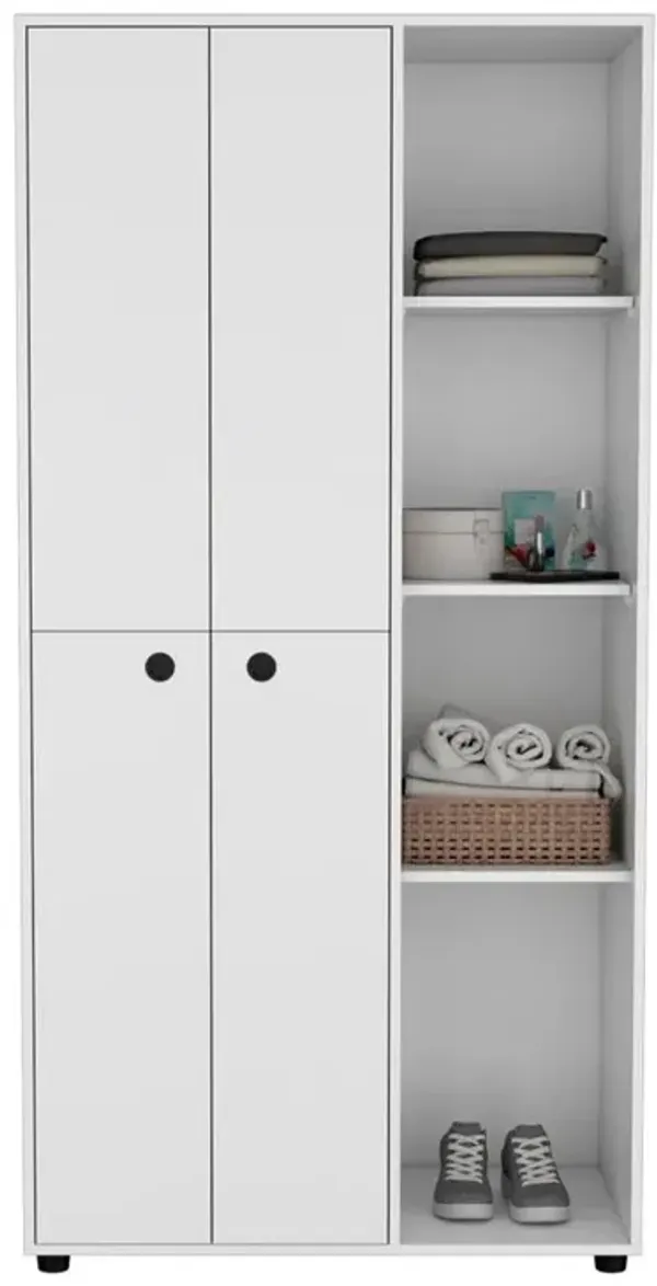 Armoire with 2-door Storage with Metal Rods, Drawer, 3 Open Shelves, White