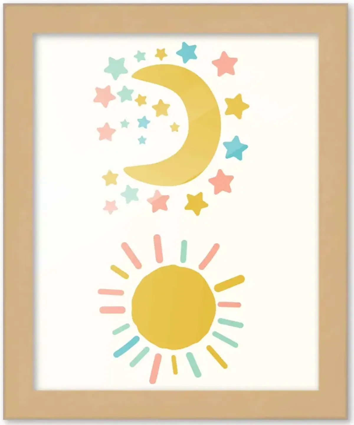 8x10 Framed Nursery Wall Art Boho Rainbow Sun Moon & Stars Poster In Natural Wood Frame For Kid Bedroom or Playroom