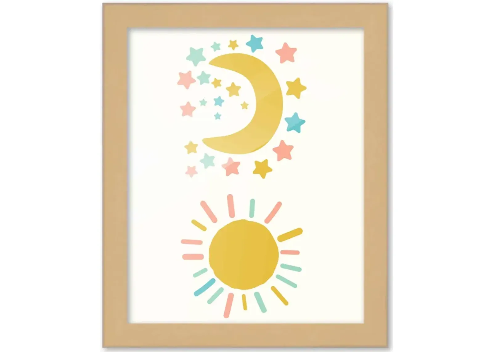 8x10 Framed Nursery Wall Art Boho Rainbow Sun Moon & Stars Poster In Natural Wood Frame For Kid Bedroom or Playroom