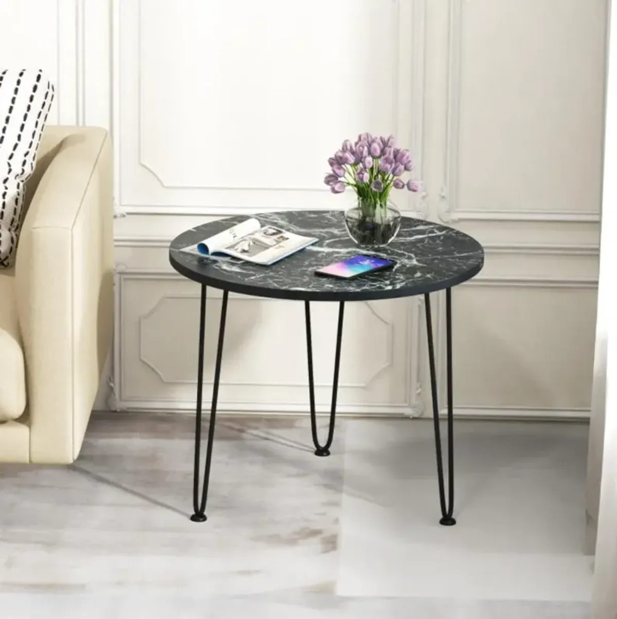 Hivvago Round End Table with Thickened Tabletop and Metal Tripod Legs