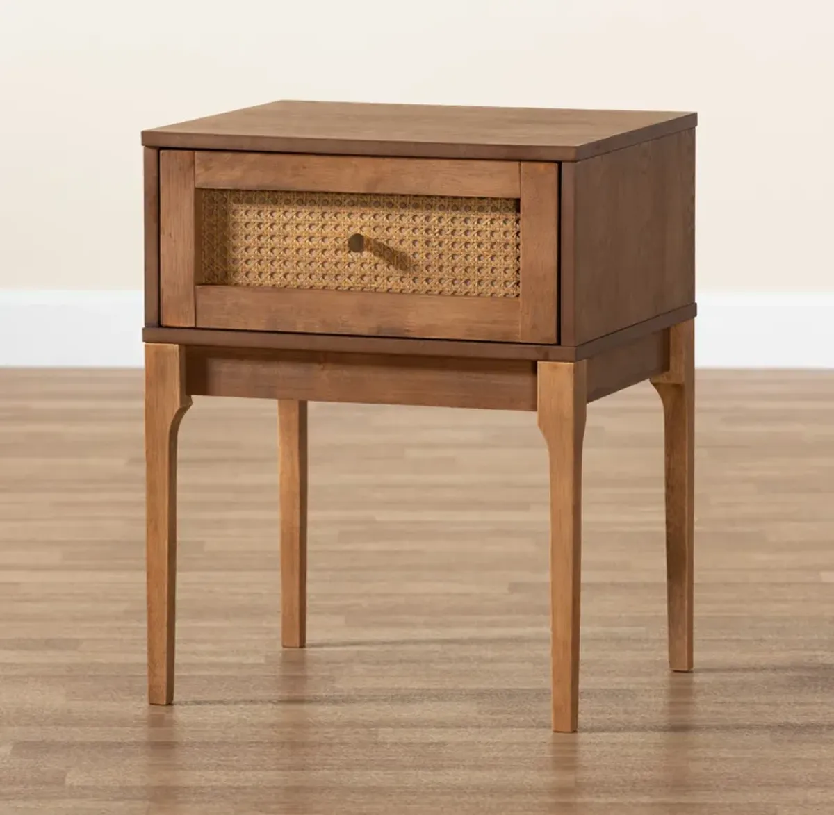 Baxton Studio Ramiel Mid Century Ash Walnut Finished Wood And Rattan 1 Drawer Nightstand