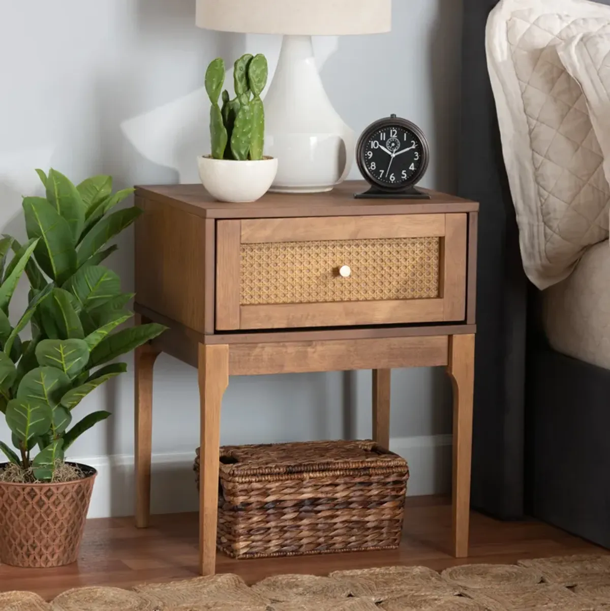 Baxton Studio Ramiel Mid Century Ash Walnut Finished Wood And Rattan 1 Drawer Nightstand