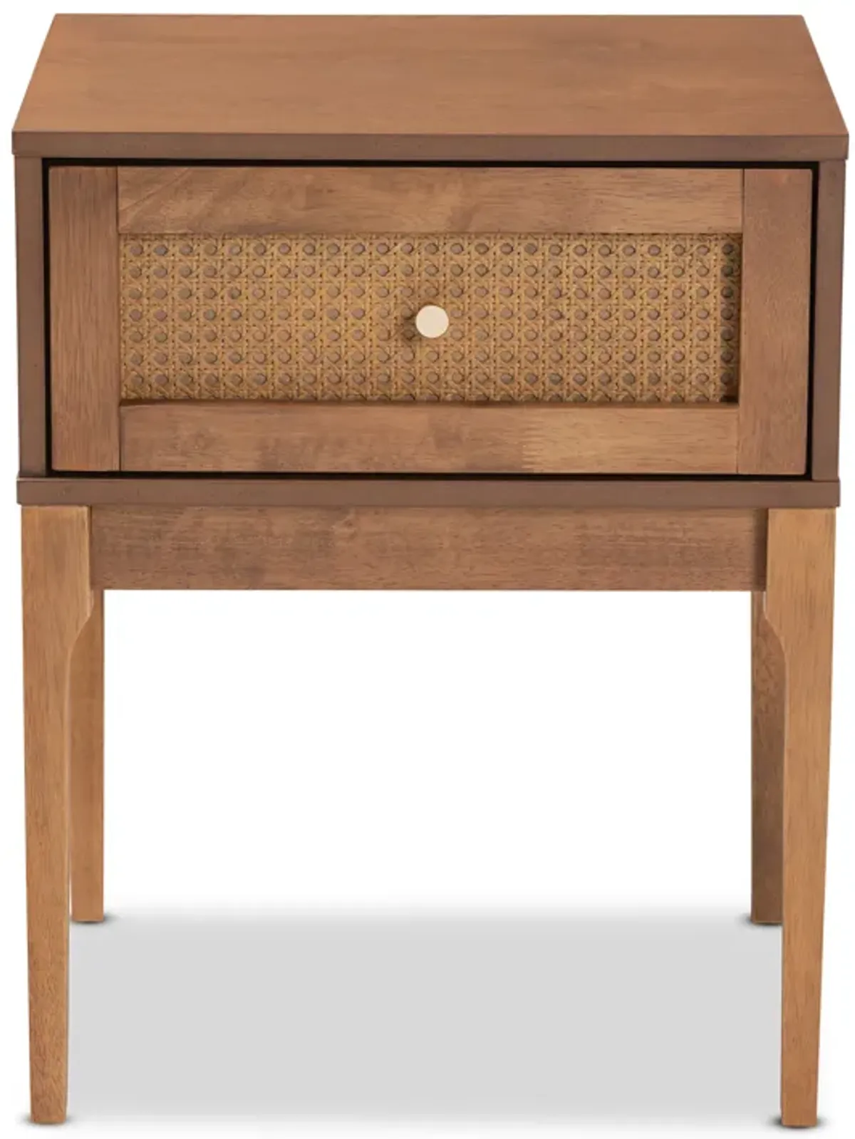 Baxton Studio Ramiel Mid Century Ash Walnut Finished Wood And Rattan 1 Drawer Nightstand