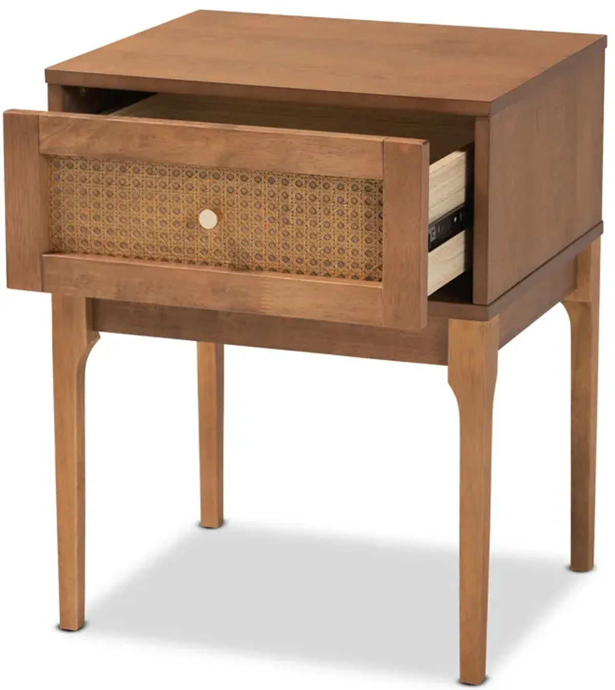 Baxton Studio Ramiel Mid Century Ash Walnut Finished Wood And Rattan 1 Drawer Nightstand