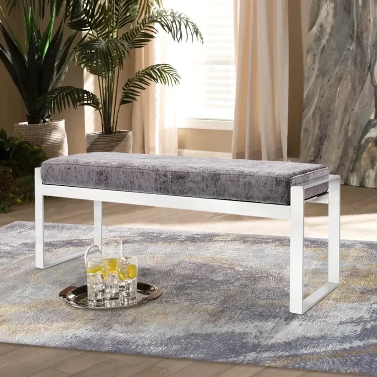 Pasargad Home Luxe Velvet Upholstered Bench, Grey