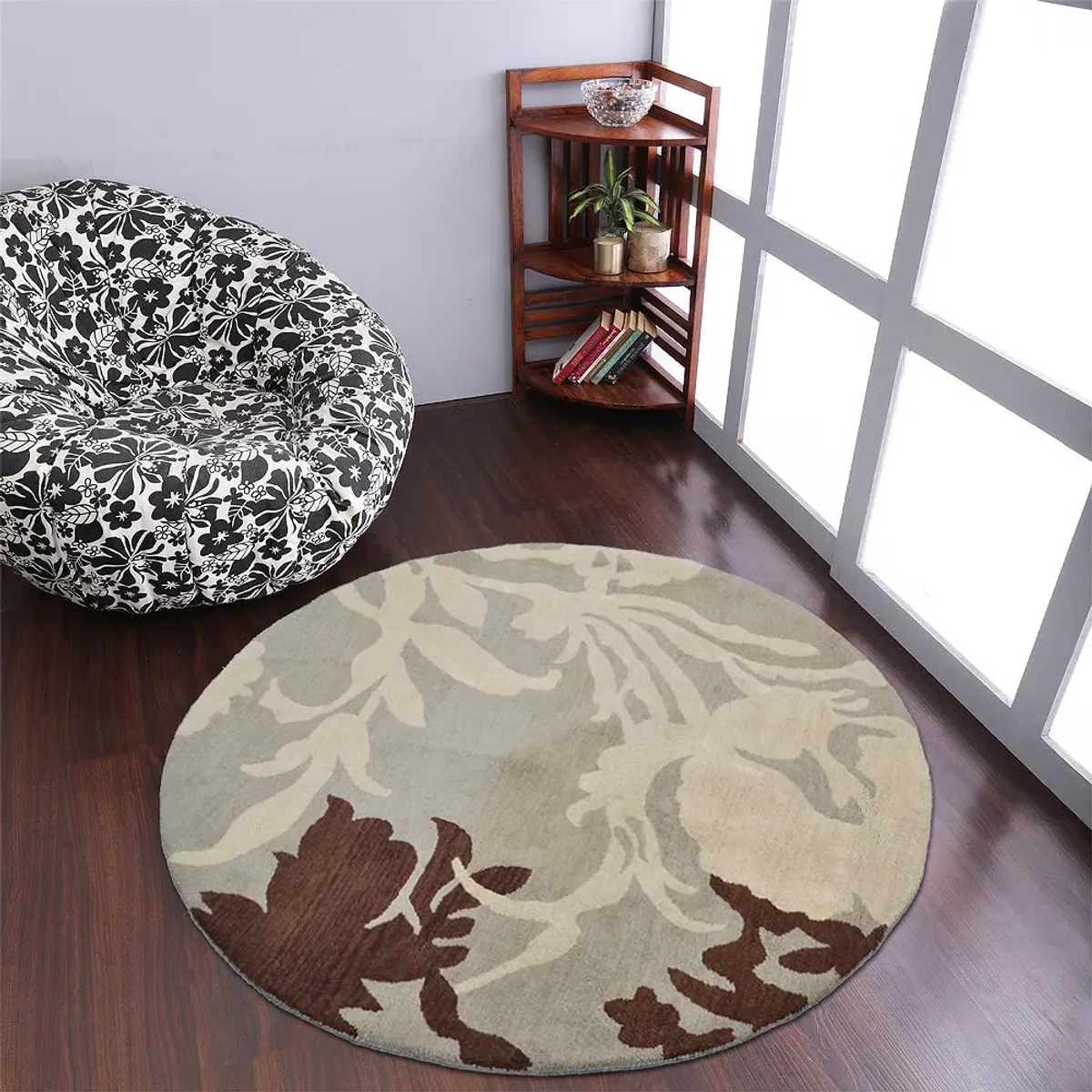 RUGSOTIC CARPETS HAND TUFTED WOOL ECO-FRIENDLY AREA RUGS  - 6'x6', Round Shape, Gray & White, Floral Modern Design, High Pile Thick Handmade Anti Skid Area Rugs for Living Room, Bed Room (K00511)