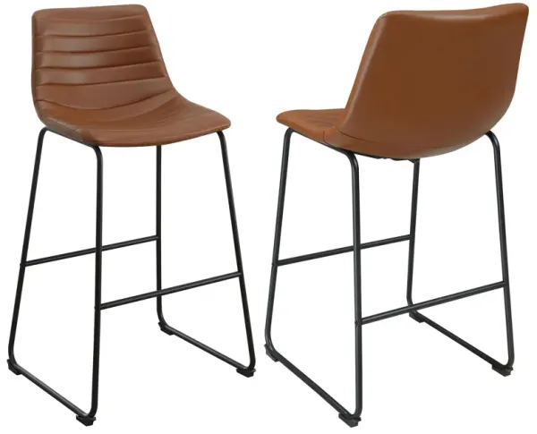 Zuno Bar Height Chair Set of 2, Brown Faux Leather, Black 30 Inch - Benzara