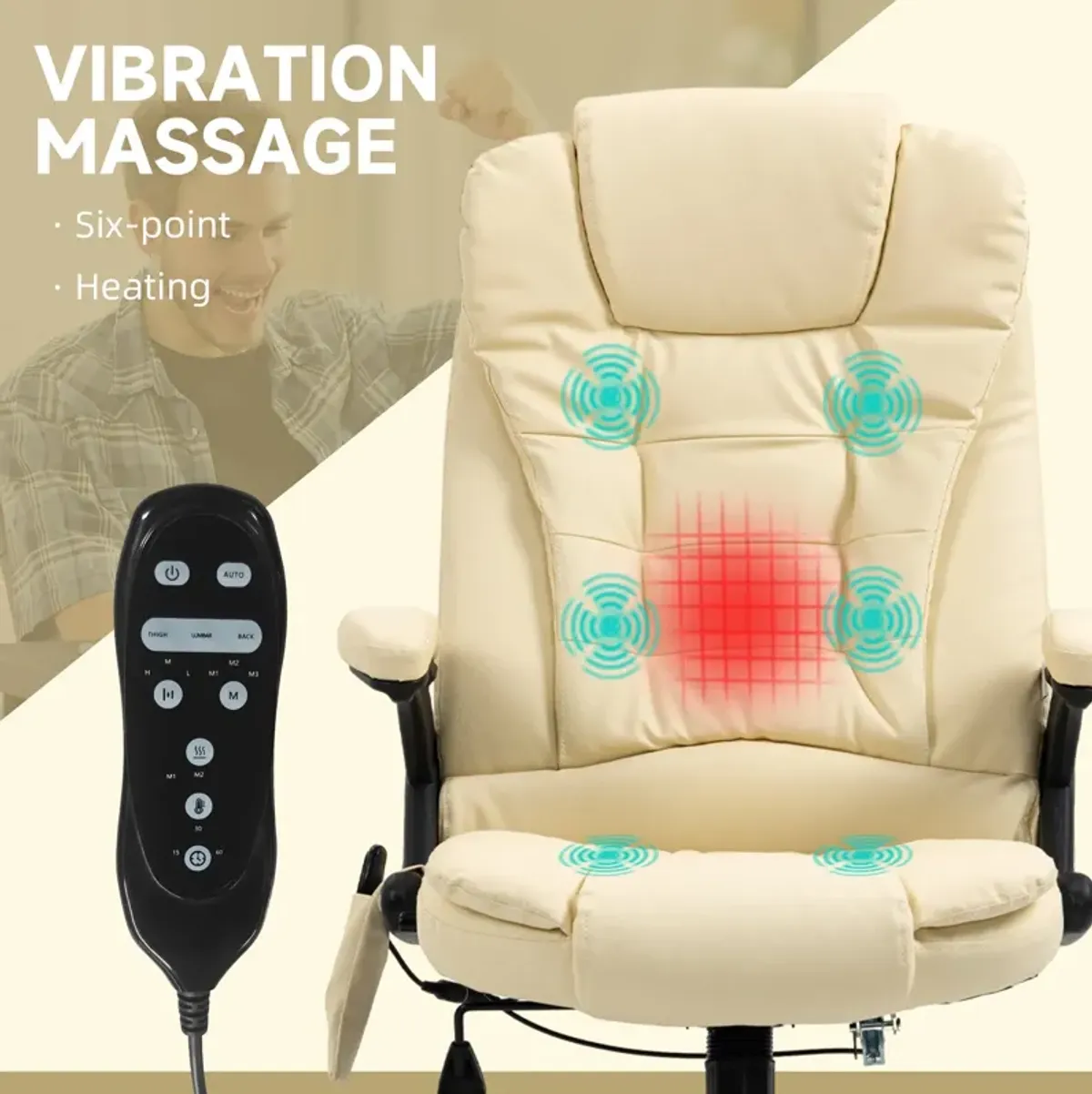 Beige Heated Massage Recliner: 6 Vibration Modes, Ergonomic