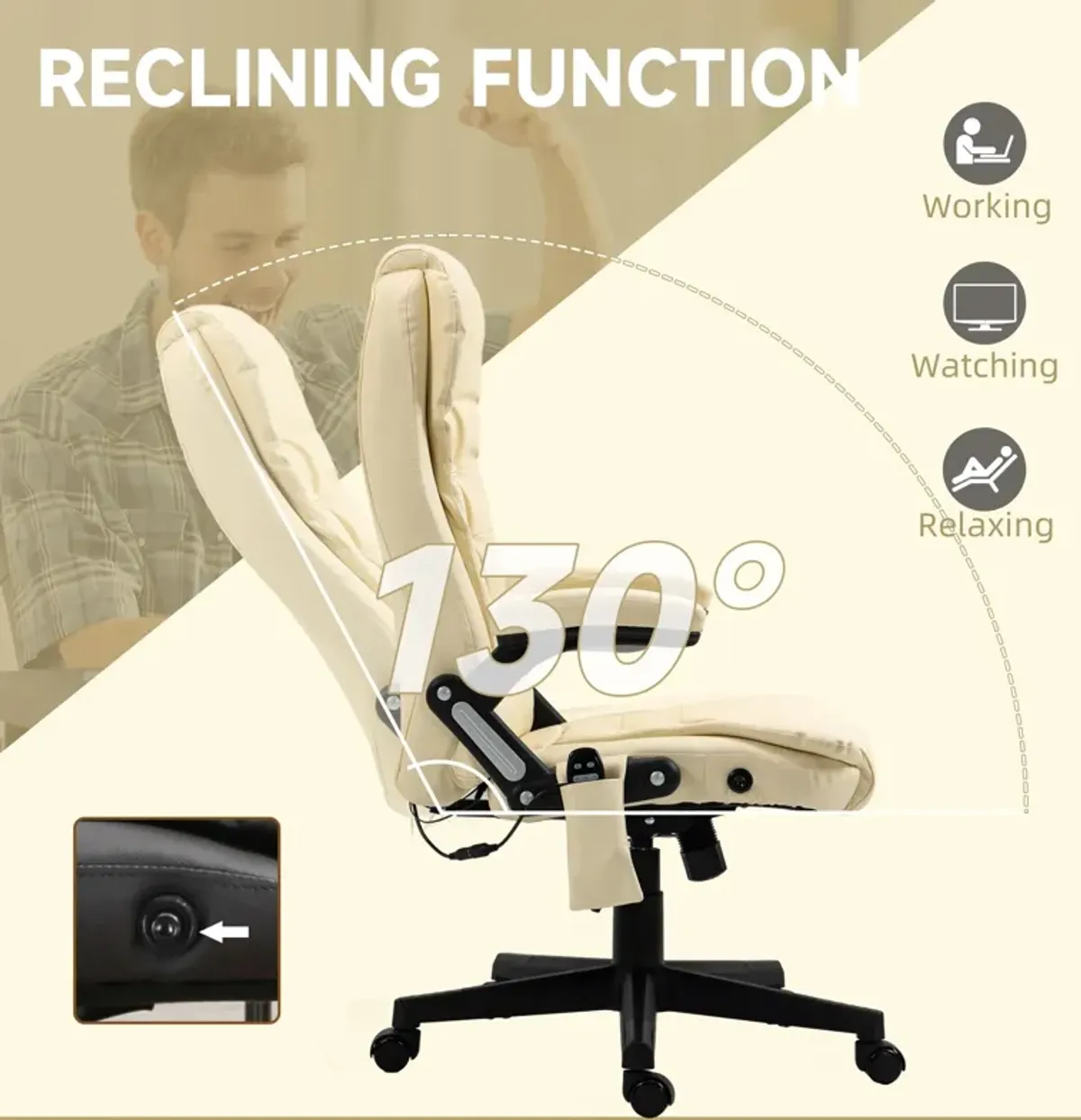 Beige Heated Massage Recliner: 6 Vibration Modes, Ergonomic