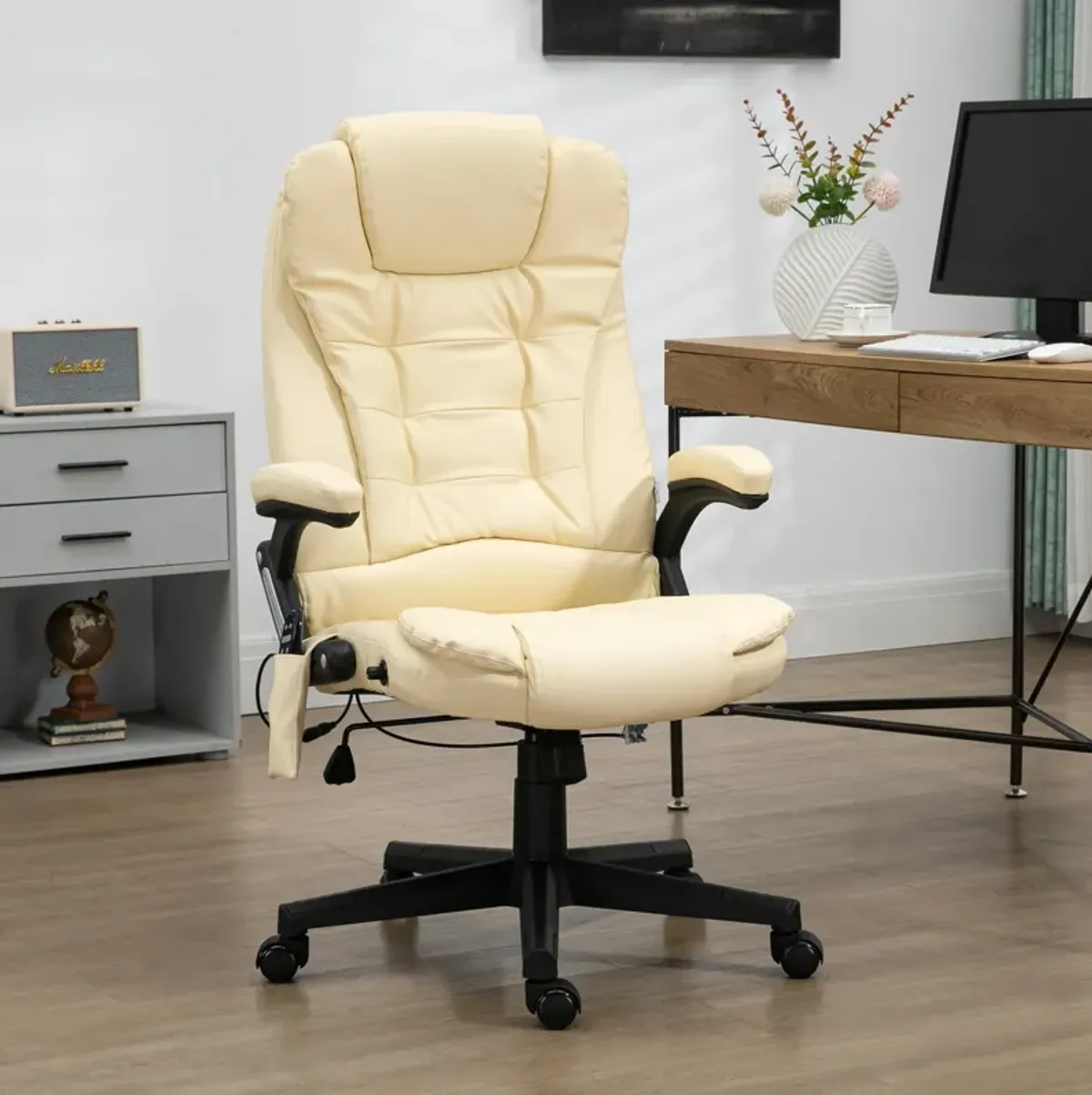 Beige Heated Massage Recliner: 6 Vibration Modes, Ergonomic