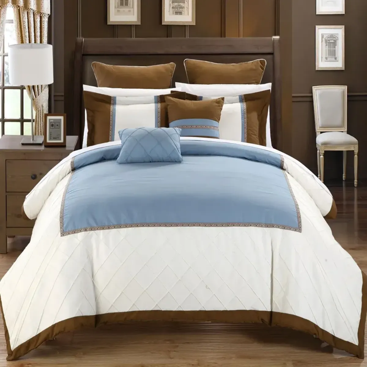 Chic Home Greensville Microfiber Pintuck Multi-Colored Blocking Pattern 7 Pieces Comforter Bed In A Bag Set - King 104x92, Blue