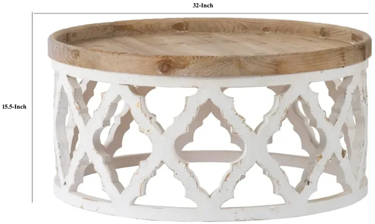 Ode 32 Inch Coffee Table, Round, Quatrefoil Lattice Design, Brown, White-Benzara