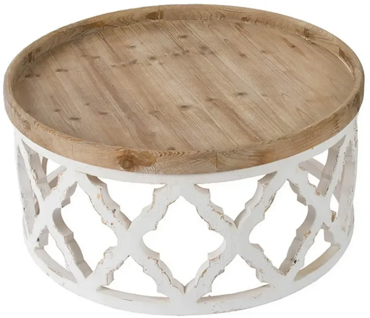 Ode 32 Inch Coffee Table, Round, Quatrefoil Lattice Design, Brown, White - Benzara