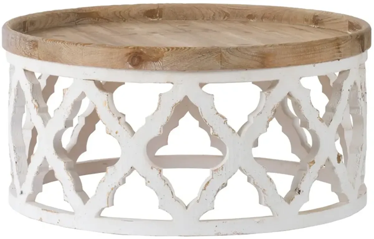 Ode 32 Inch Coffee Table, Round, Quatrefoil Lattice Design, Brown, White - Benzara