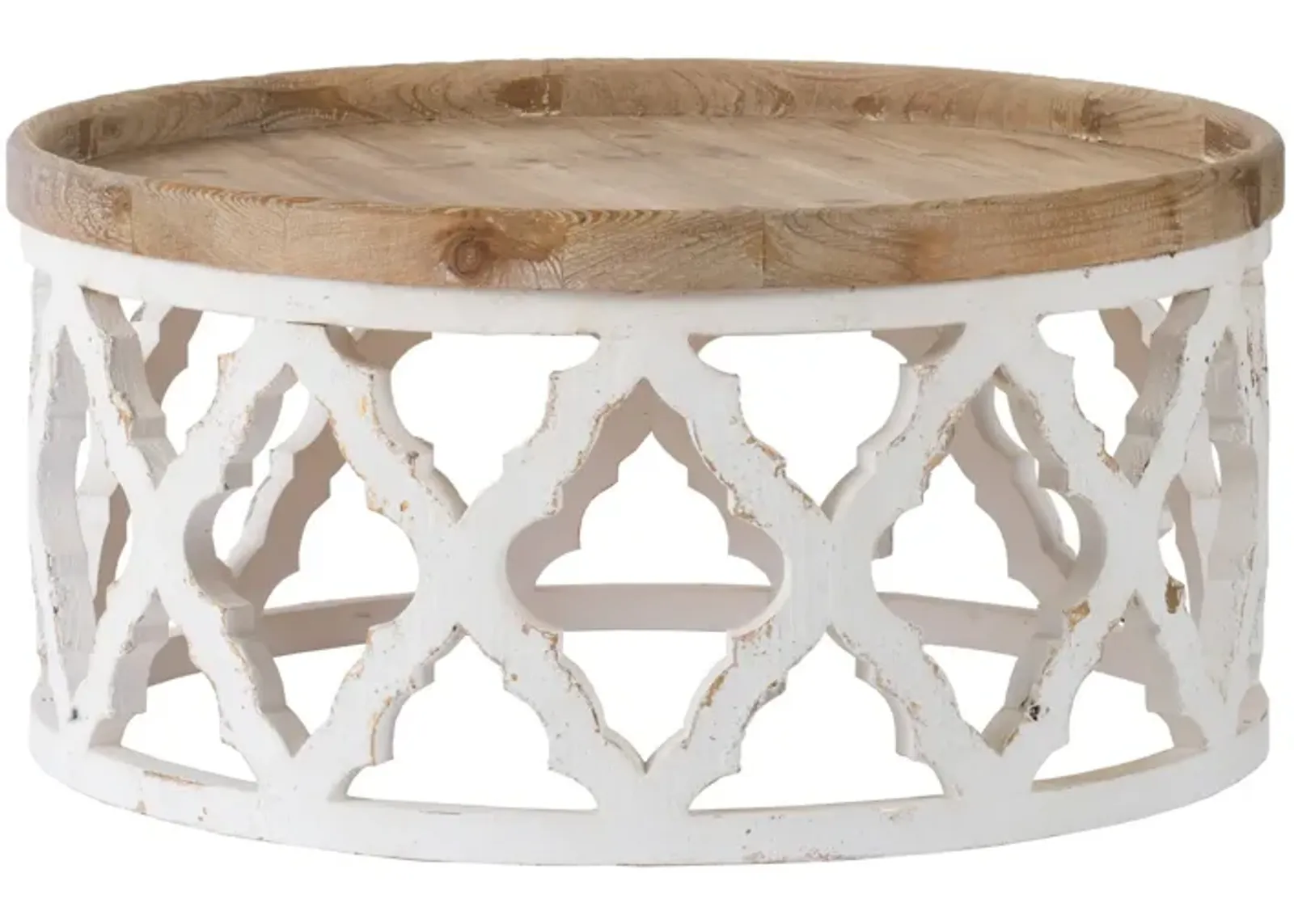 Ode 32 Inch Coffee Table, Round, Quatrefoil Lattice Design, Brown, White-Benzara