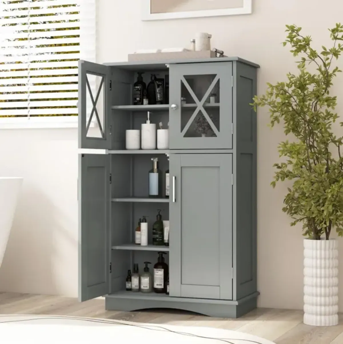 Hivvago 4 Doors Freeestanding Bathroom Floor Cabinet with Adjustable Shelves