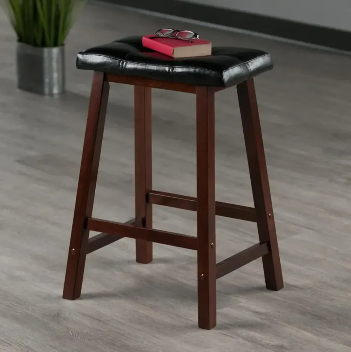 Mona 24" Cushion Saddle Seat Stool, Black Faux Leather, Wood Legs, RTA