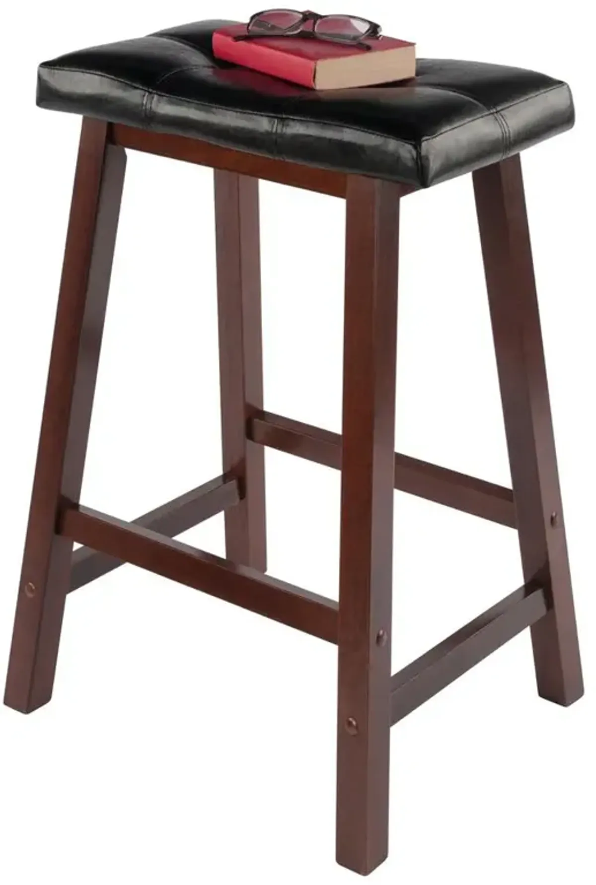 Mona 24" Cushion Saddle Seat Stool, Black Faux Leather, Wood Legs, RTA