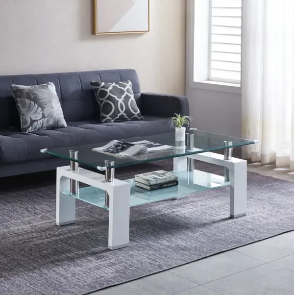 Tempered Glass Top Rectangular Double-Layer Coffee Table With MDF Legs