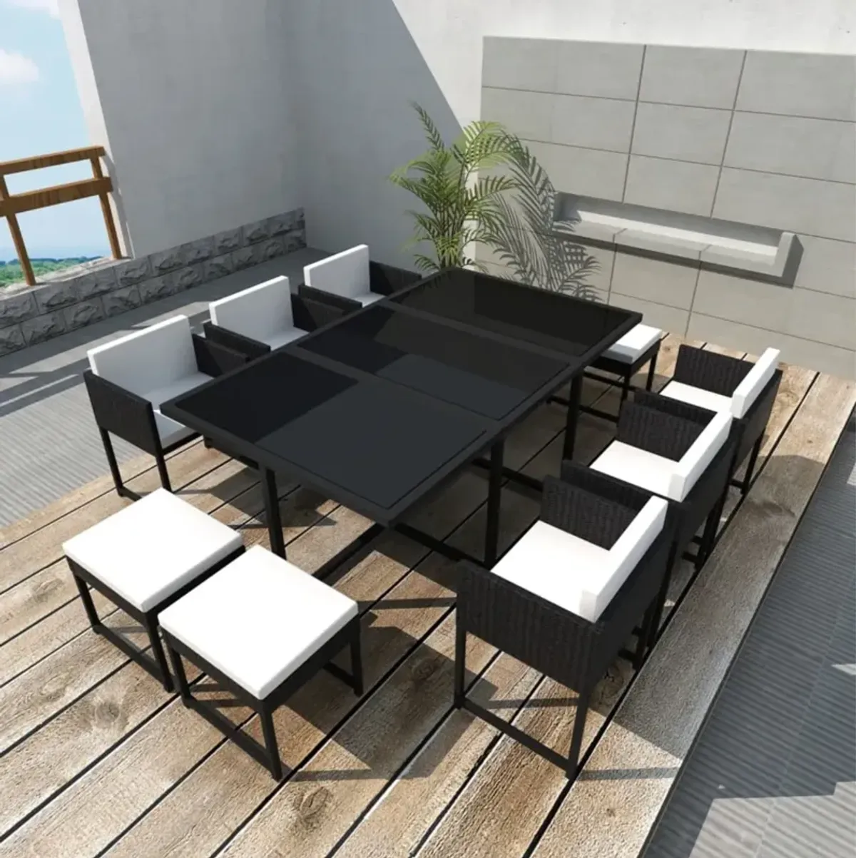 vidaXL 11 Piece Outdoor Dining Set with Cushions Poly Rattan Black