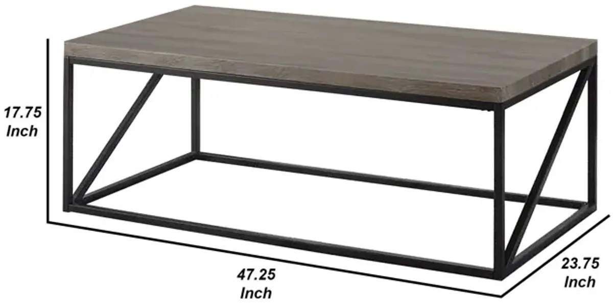 Industrial Style Minimal Coffee Table With Wooden Top And Metallic Base, Gray-Benzara