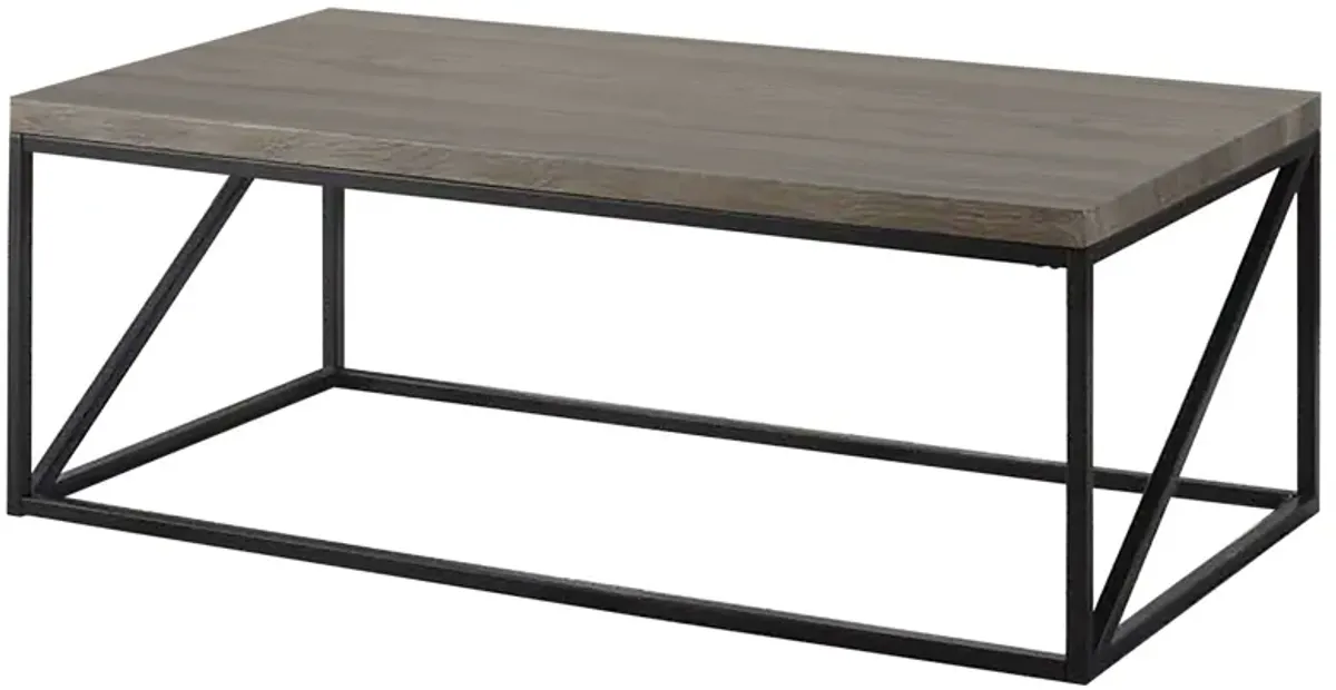 Industrial Style Minimal Coffee Table With Wooden Top And Metallic Base, Gray-Benzara