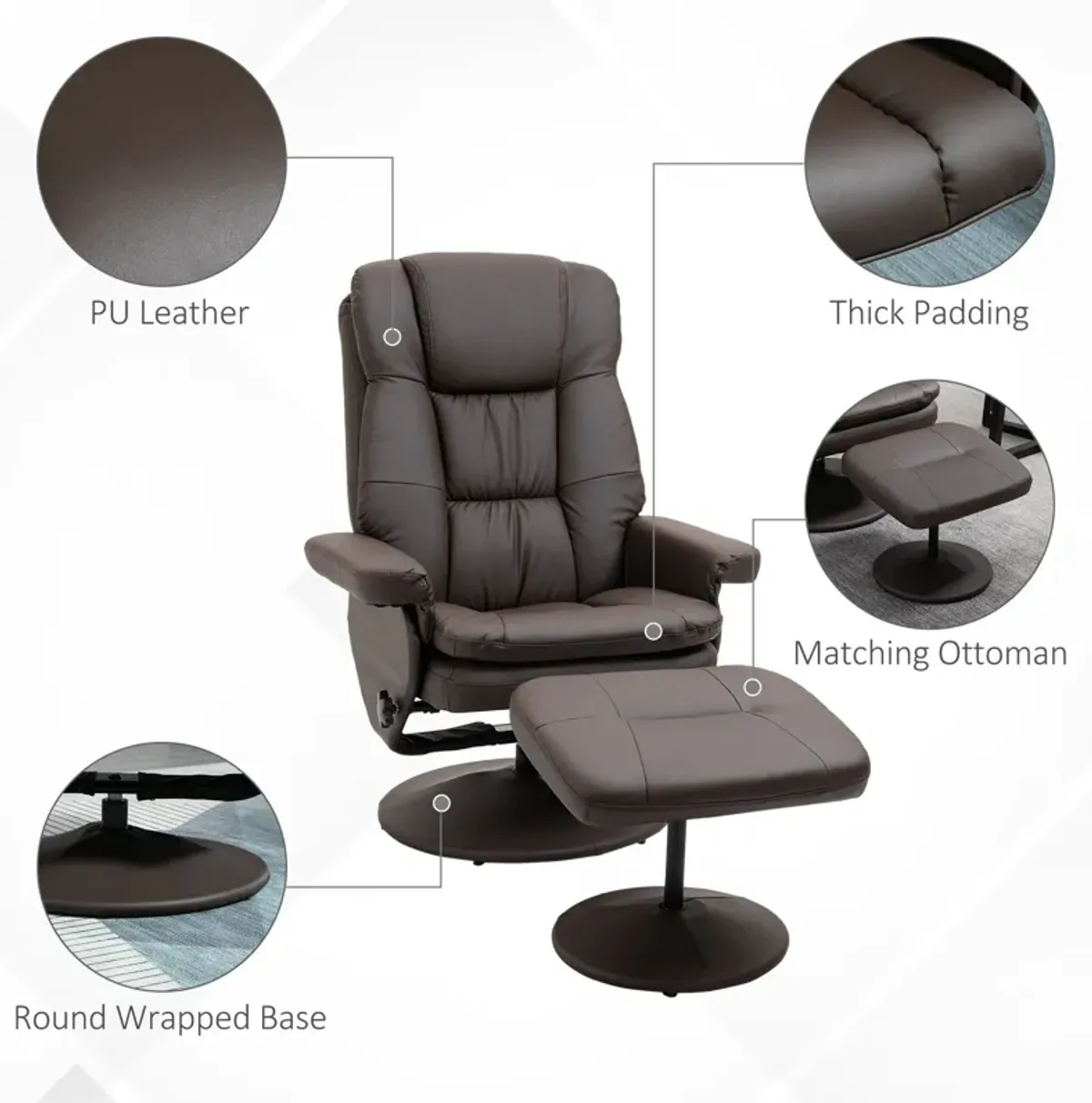 Brown Living Room Set: Swivel Recliner Chair with Ottoman