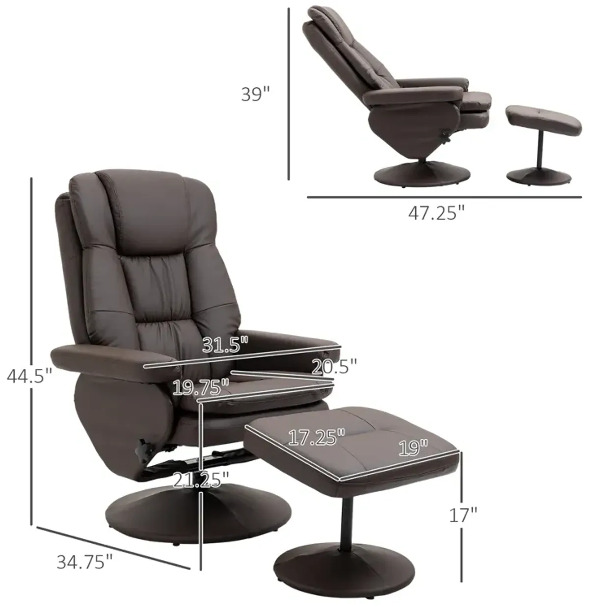 Brown Living Room Set: Swivel Recliner Chair with Ottoman