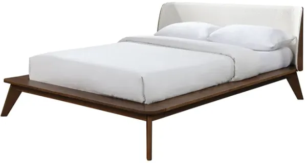 Linzy Queen Bed, Beige Boucle Upholstered Winged Edge, Brown Solid Wood - Benzara